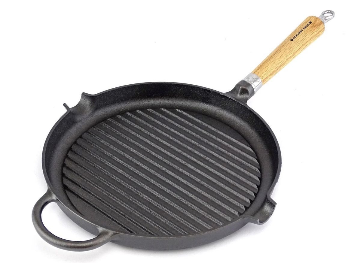 RONNEBY BRUK MAESTRO Gusseisen-Grillpfanne – 28 cm mit Eichenholzgriff, vorgebrannt und einsatzbereit